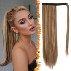 BARSDAR Brown Highlight Straight Ponytail Extension - 24 Inch Long Straight Wrap Around Ponytail for Women, Clip in Ponytail Hair Extensions Synthetic Balayage Pony Tails Hairpieces Daily