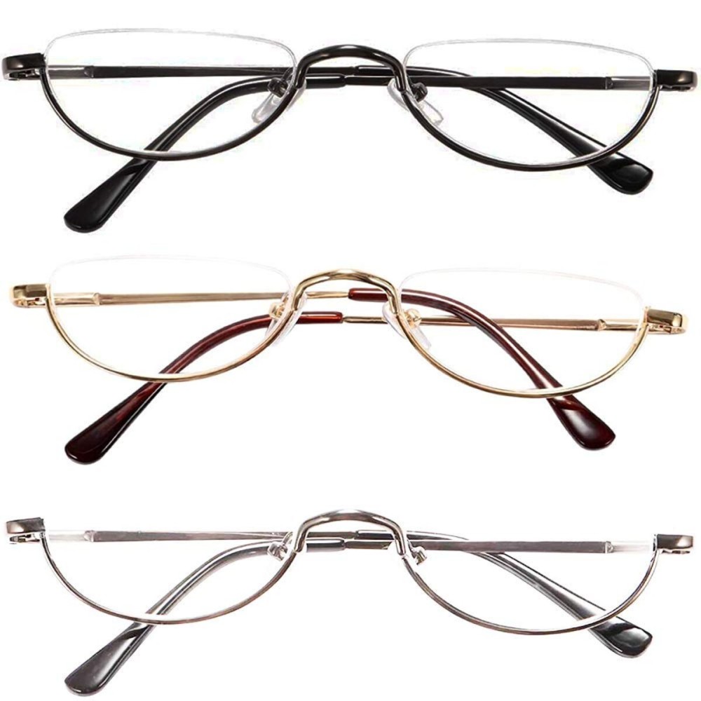 KoKoBin Newly Upgraded Translucent Reading Glasses 3 Pairs of Half-Frame Metal Frame Glasses Spring Hinge Reader for Men and Women, Black. Gold. Silver 1.00