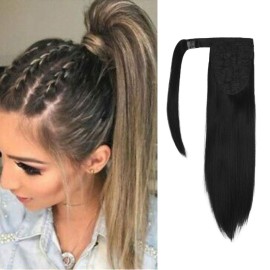 SEIKEA Clip in Ponytail Extension Wrap Around Straight Hair for Women (12, Black)
