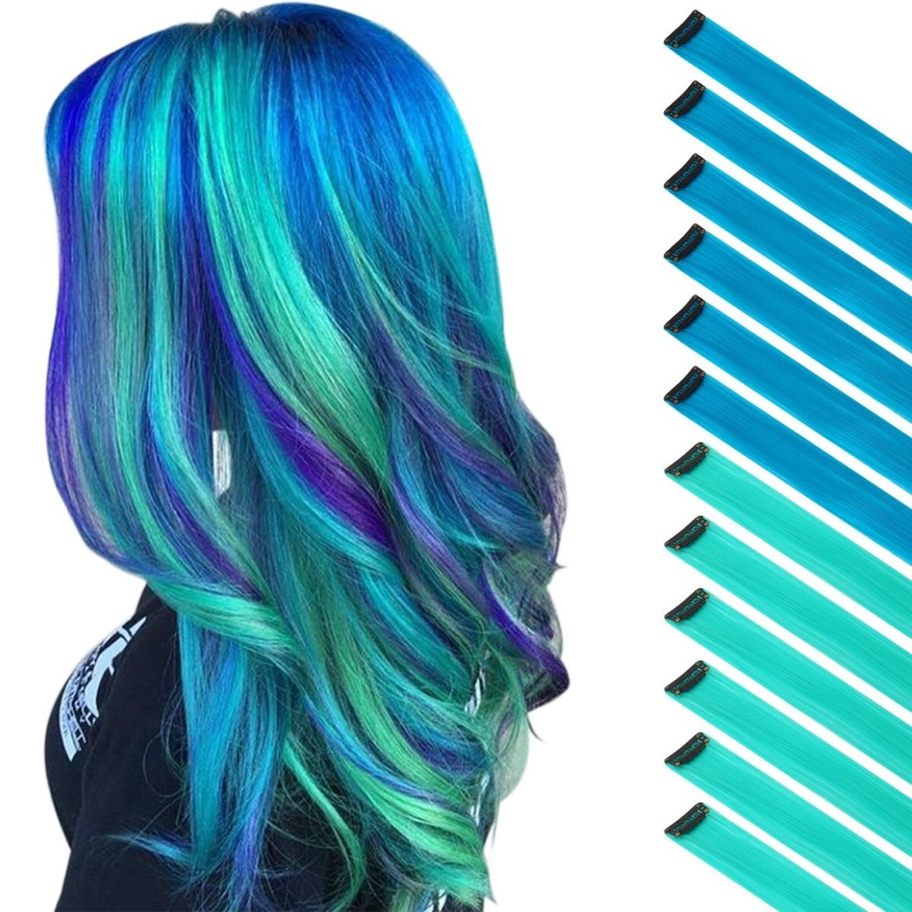 FESHFEN Colored Clip in Hair Extensions - 12 PCS Teal Blue and Royal Blue Highlighted Hair Piece Straight Synthetic Clip in Hairpieces for Women 22 inch