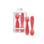 ezpz Mini Utensils - 12 Months+ (Fork & Spoon in Coral) - 100% BPA Free Fork and Spoon - Toddler Utensils - Designed by a Pediatric Feeding Specialist