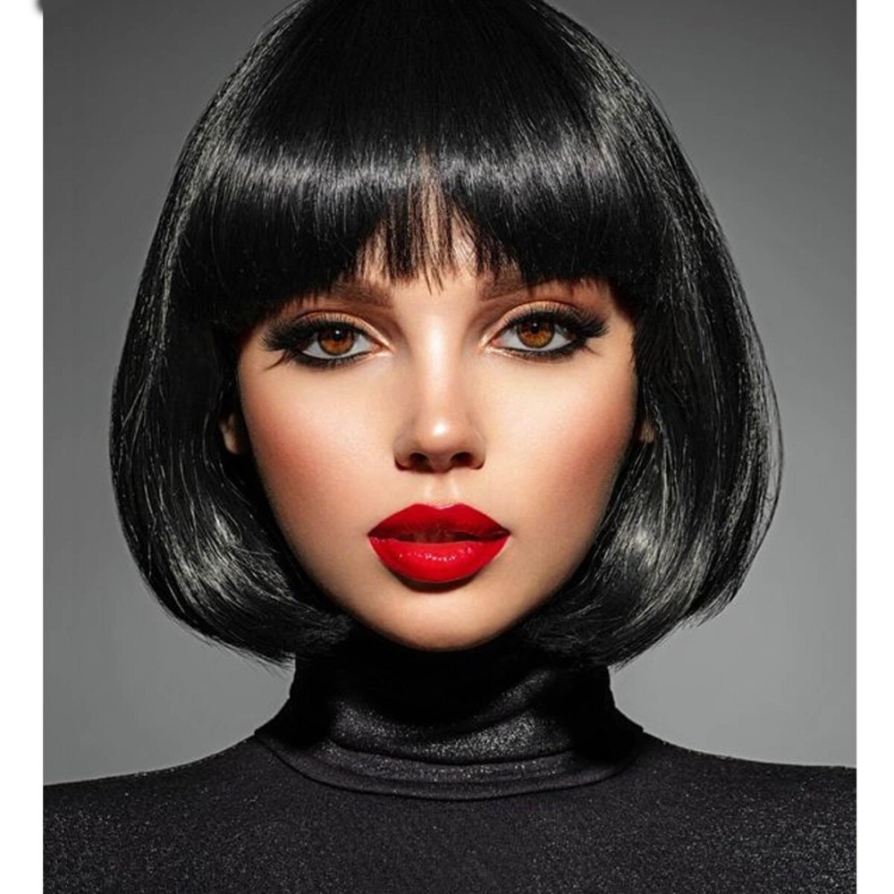 YOUNIGA Black Bob Wig With Bangs 12 Inch Short Bob wig for Women Short Bob Wigs Synthetic Fiber Bob Wigs and Halloween Cosplay Wig for Daily Life Colorful Wigs With One Cap (Nature Black)