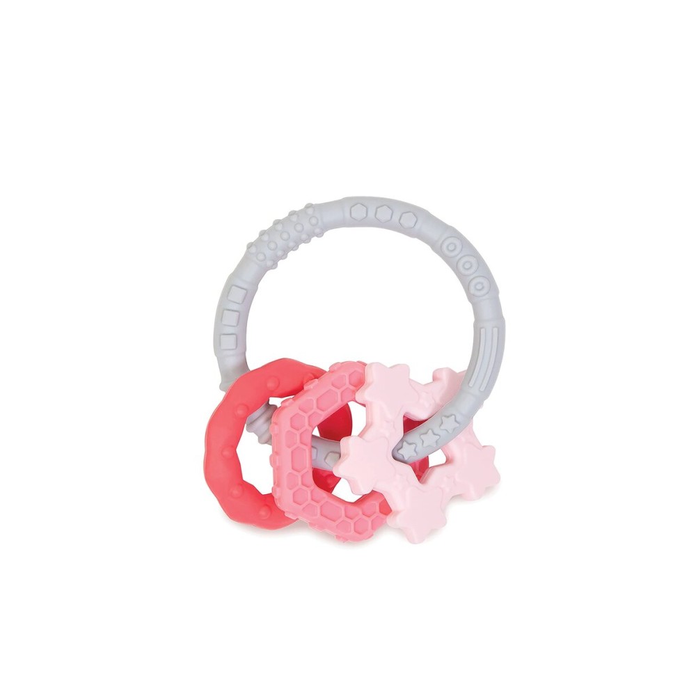 Bumkins Baby Teething Freezer Toy Keys Rings, Soft Flexible Pacifier to Chew, Cool Teether Gum Relief, Babies 3 Months, Freezable Platinum Silicone, Sensory Bracelet with Charms, Pink and Gray