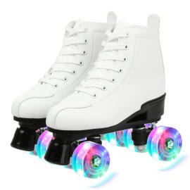 XUDREZ Classic Roller Skates High-Top Double-Row Leather Roller Skates for Women and Men (White Flash Wheel,9)