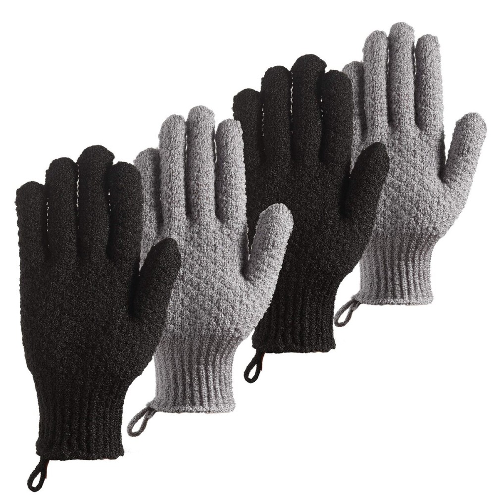 CLEEDY Bath Exfoliating Gloves - 4 Pcs Lengthened and Large Scrubbing Gloves for Shower, Spa, Massage - Scrub Mitts for Body, Face, Hand and Foot (Black and Gray)