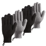 CLEEDY Bath Exfoliating Gloves - 4 Pcs Lengthened and Large Scrubbing Gloves for Shower, Spa, Massage - Scrub Mitts for Body, Face, Hand and Foot (Black and Gray)