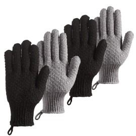 CLEEDY Bath Exfoliating Gloves - 4 Pcs Lengthened and Large Scrubbing Gloves for Shower, Spa, Massage - Scrub Mitts for Body, Face, Hand and Foot (Black and Gray)