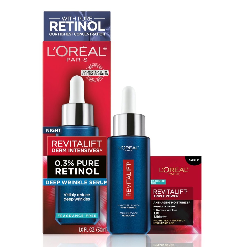 L\'Oreal Paris Revitalift 0.3% Pure Retinol Night Serum, Reduce Deep Wrinkles, Fragrance Free 1 oz + Moisturizer Sample