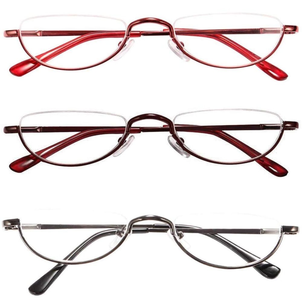 KoKoBin Newly Upgraded Translucent Reading Glasses 3 Pairs of Half-Frame Metal Frame Glasses Spring Hinge Reader for Men and Women, red. Brown. Gunmetal 2.00