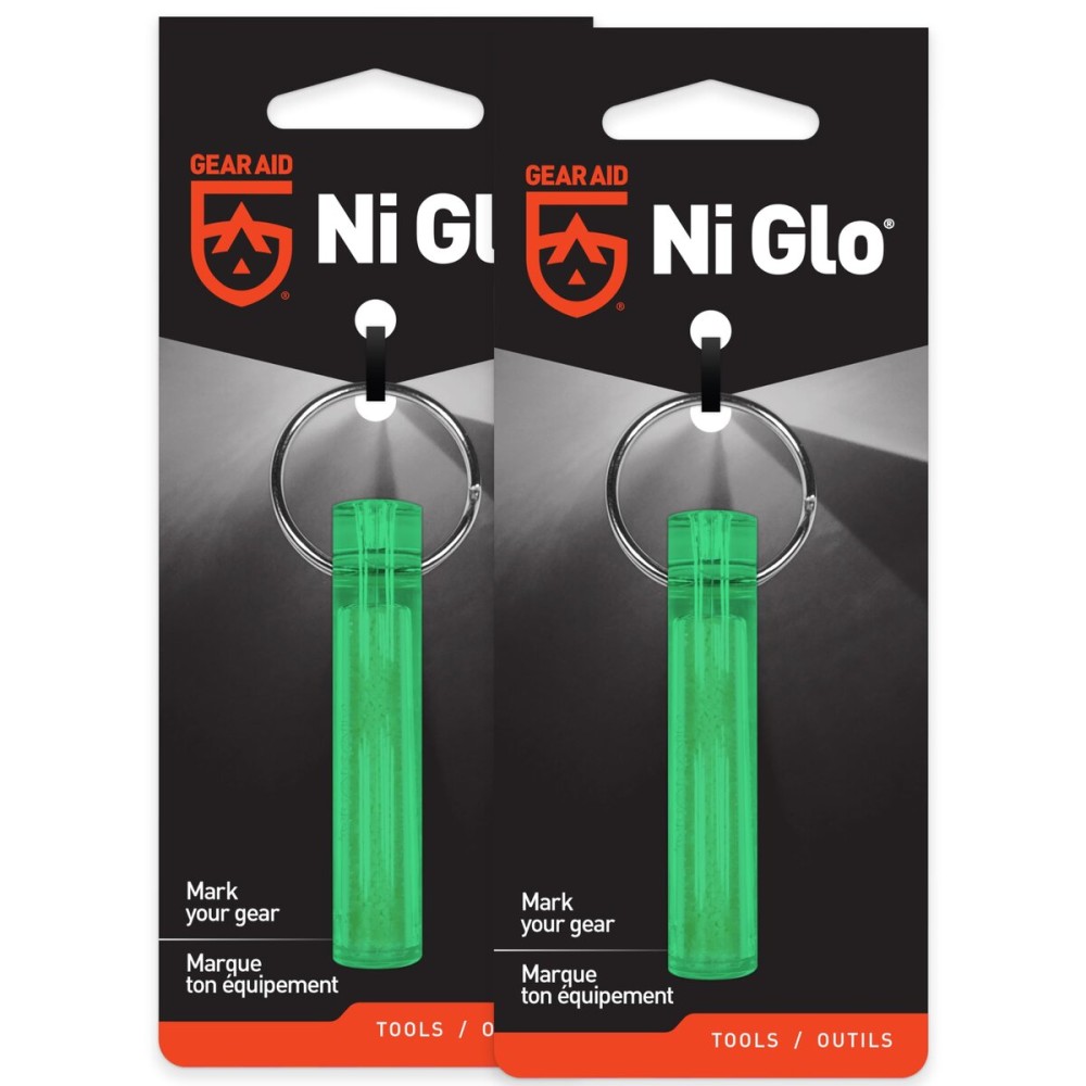 GEAR AID Ni Glo 2 UV Rechargeable Glowing Keychain - Multi-Purpose Glow-in-the-Dark Accessory for Camping, Scuba Diving, Night Fishing, Hiking, Emergency Kits, and Everyday Use, Green, 2 Pack