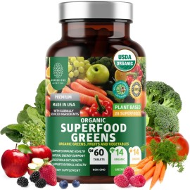 USDA Organic Superfood Greens [28 Powerful Ingredients] Natural Super Greens Capsules, Fruit and Veggie Supplement with Alfalfa, Beet Root and Ginger to Support Energy and Immunity, 60 Tablets