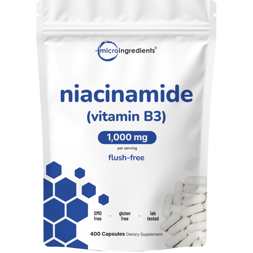 Vitamin B3 Niacinamide 500mg Per Capsule, 400 Capsules | 1,000mg Flush Free Niacin Per Serving, Essential B Vitamin Supplement | Skin Care Health & Energy Support | Non-GMO, Gluten Free