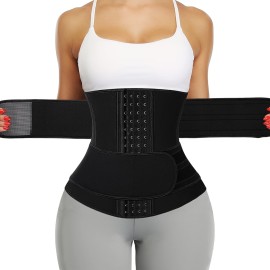 KIWI RATA Neoprene Sauna Waist Trainer Corset Sweat Belt with 2 Straps for Women C-bones Compression Workout Fitness Double Cincher Belts,3 Hooks Black,X-Large