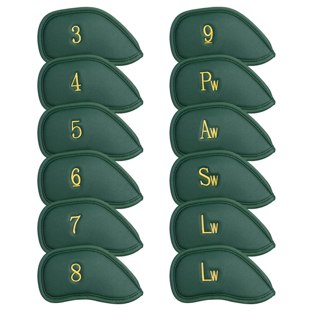 CRAFTSMAN GOLF 12pcs Thick Synthetic Leather Green Golf Iron Head Covers Set Headcover Fit All Brands Callaway Ping Taylormade Cobra Etc. (12pcs Green with Gold No.for Right)