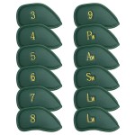 CRAFTSMAN GOLF 12pcs Thick Synthetic Leather Green Golf Iron Head Covers Set Headcover Fit All Brands Callaway Ping Taylormade Cobra Etc. (12pcs Green with Gold No.for Right)
