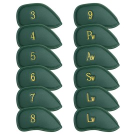 CRAFTSMAN GOLF 12pcs Thick Synthetic Leather Green Golf Iron Head Covers Set Headcover Fit All Brands Callaway Ping Taylormade Cobra Etc. (12pcs Green with Gold No.for Right)