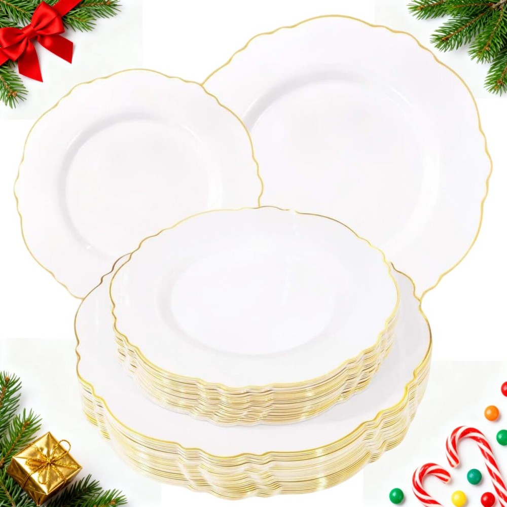 WDF 60pcs White and Gold Plastic Plates - Baroque White With Gold of 30 Heavy Duty Gold dinner plates 10.25inch, 30 Salad Plates 7.5inch Perfect for Christmas/Weddings/Party/Birthday