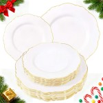 WDF 60pcs White and Gold Plastic Plates - Baroque White With Gold of 30 Heavy Duty Gold dinner plates 10.25inch, 30 Salad Plates 7.5inch Perfect for Christmas/Weddings/Party/Birthday
