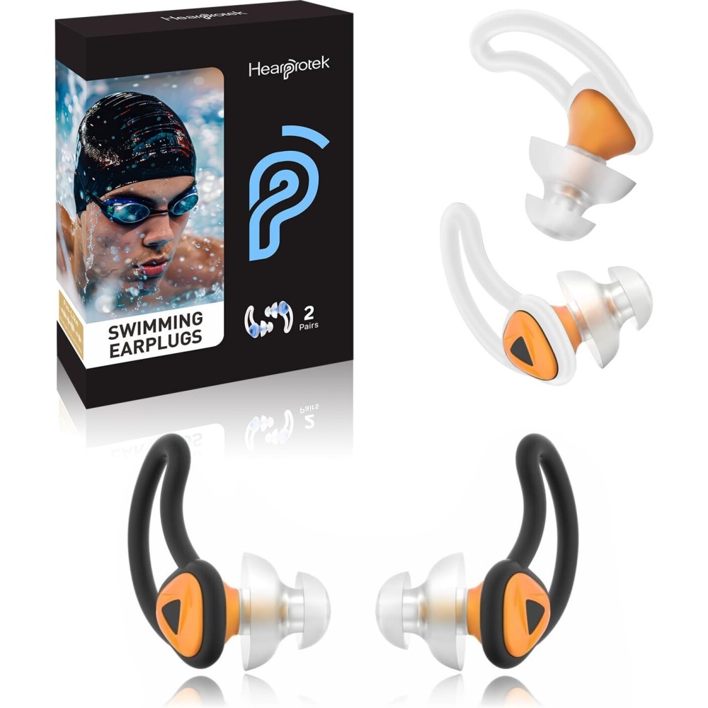 Ear Plugs for Swimming-2 Pairs Soft Silicone Reusable Waterproof Earplugs for Adults & Men Women, Custom Fit for Swimmers Ear, Pool, Beach, Snorkeling, Surfing, Kickboard Training(Orange)