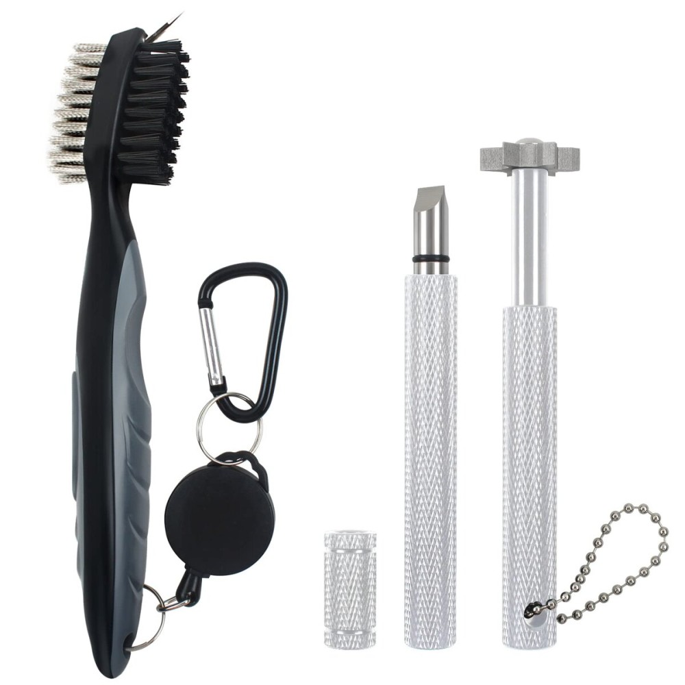VIPMOON Golf Club Cleaner Kit, 2 Pcs Groove Sharpener Tool and 1 Pcs Club Cleaner Brush Retractable, Groove Sharpener Re-Grooving Tool for Golf Accessories for Men (Silver)