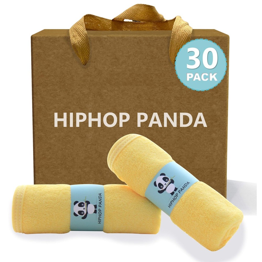 HIPHOP PANDA Baby Washcloths, Rayon Made from Bamboo - 2 Layer Ultra Soft Absorbent Newborn Bath Face Towel - Reusable Baby Wipes for Delicate Skin - Yellow, 30 Pack