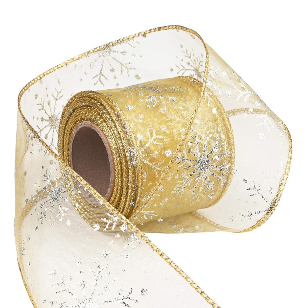 Livder 2.5 Inch Wide Christmas Wired Ribbon Snowflake Organza Sheer Glitter Ribbon for Xmas Tree, Wreath, Party Decoration, Gift Wrapping (Golden, 10.9 Yards)