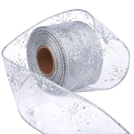 Livder 2.5 Inch Wide Christmas Wired Ribbon Snowflake Organza Sheer Glitter Ribbon for Xmas Tree, Wreath, Party Decoration, Gift Wrapping (Silver, 65.7 Foot (Pack of 1))