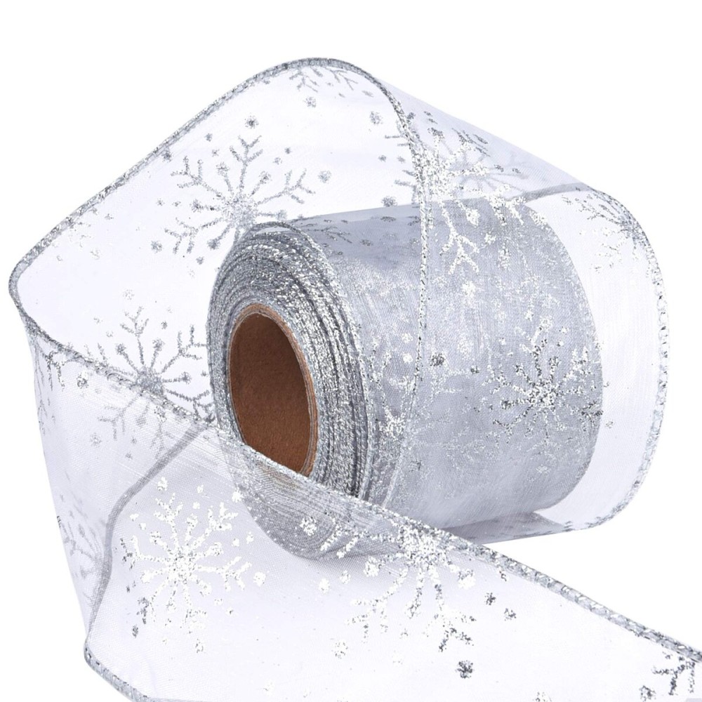 Livder 2.5 Inch Wide Christmas Wired Ribbon Snowflake Organza Sheer Glitter Ribbon for Xmas Tree, Wreath, Party Decoration, Gift Wrapping (Silver, 32.7 Foot (Pack of 1))