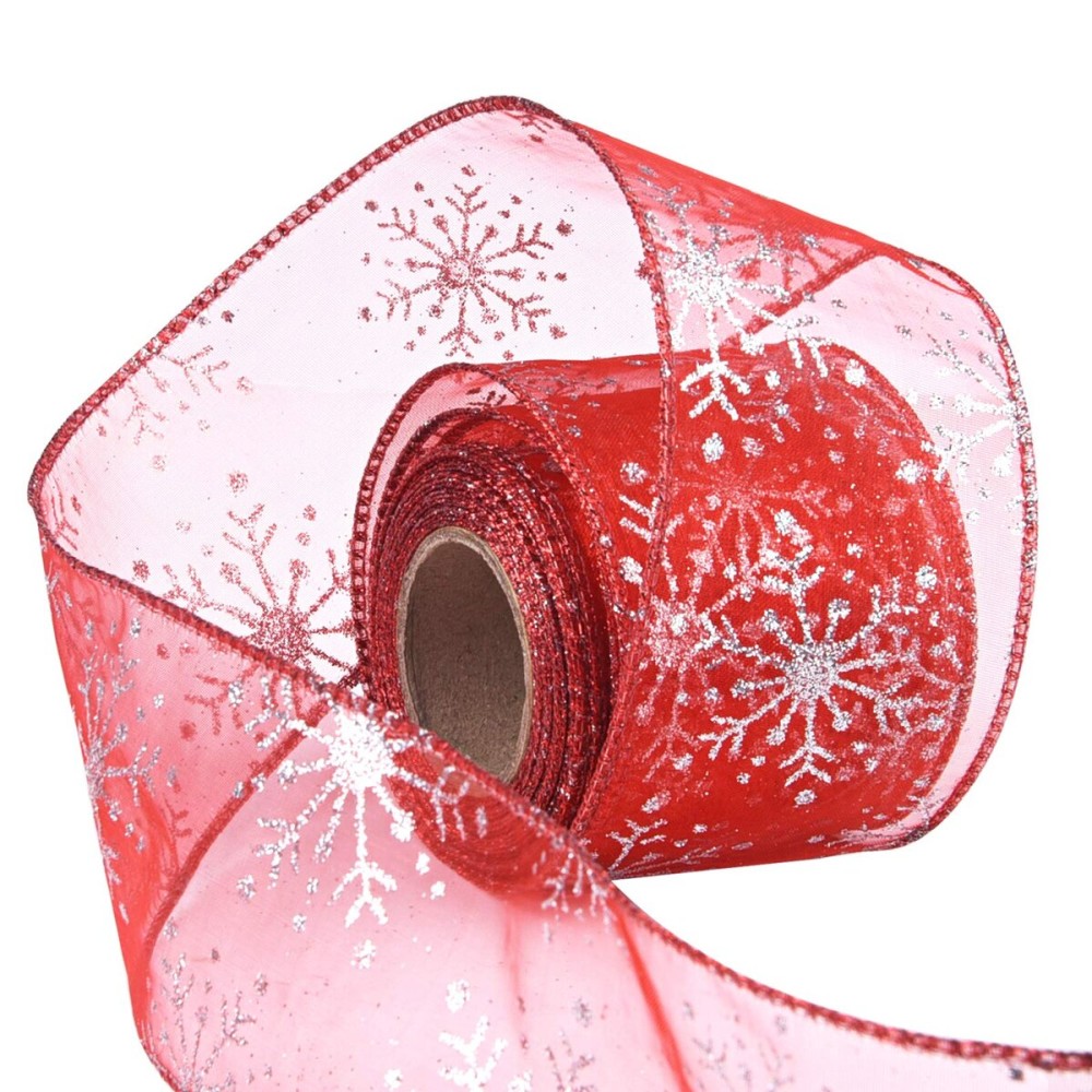 Livder 2.5 Inch Wide Christmas Wired Ribbon Snowflake Organza Sheer Glitter Ribbon for Xmas Tree, Wreath, Party Decoration, Gift Wrapping (Red, 10.9 Yards)