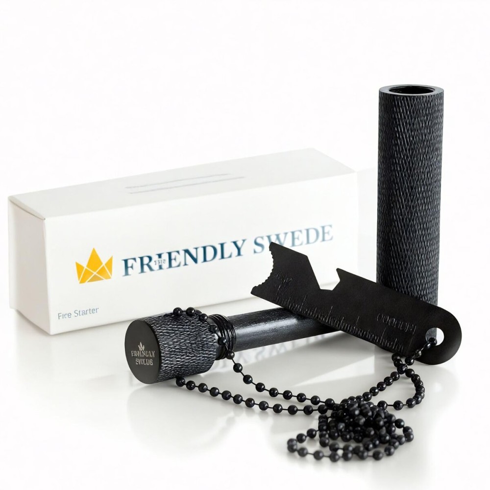 The Friendly Swede XL Ferro Rod Fire Starter Tool - Flint and Steel Fire Starter Survival Tool w/Large Ferro Rod; Weatherproof Firestarter for Camping & Hiking; Flint and Steel Kit w/Cylinder Case