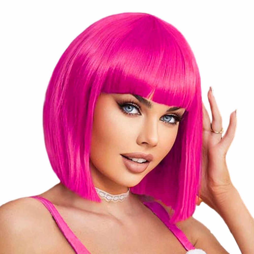 YOUNIGA Hot Pink Bob Wig With Bangs 12 Inch Short Synthetic Fiber Bob Wigs for Women Short Bob Wigs and Halloween Cosplay Wig for Daily Life Colorful Wigs With One Cap (Hot Pink)