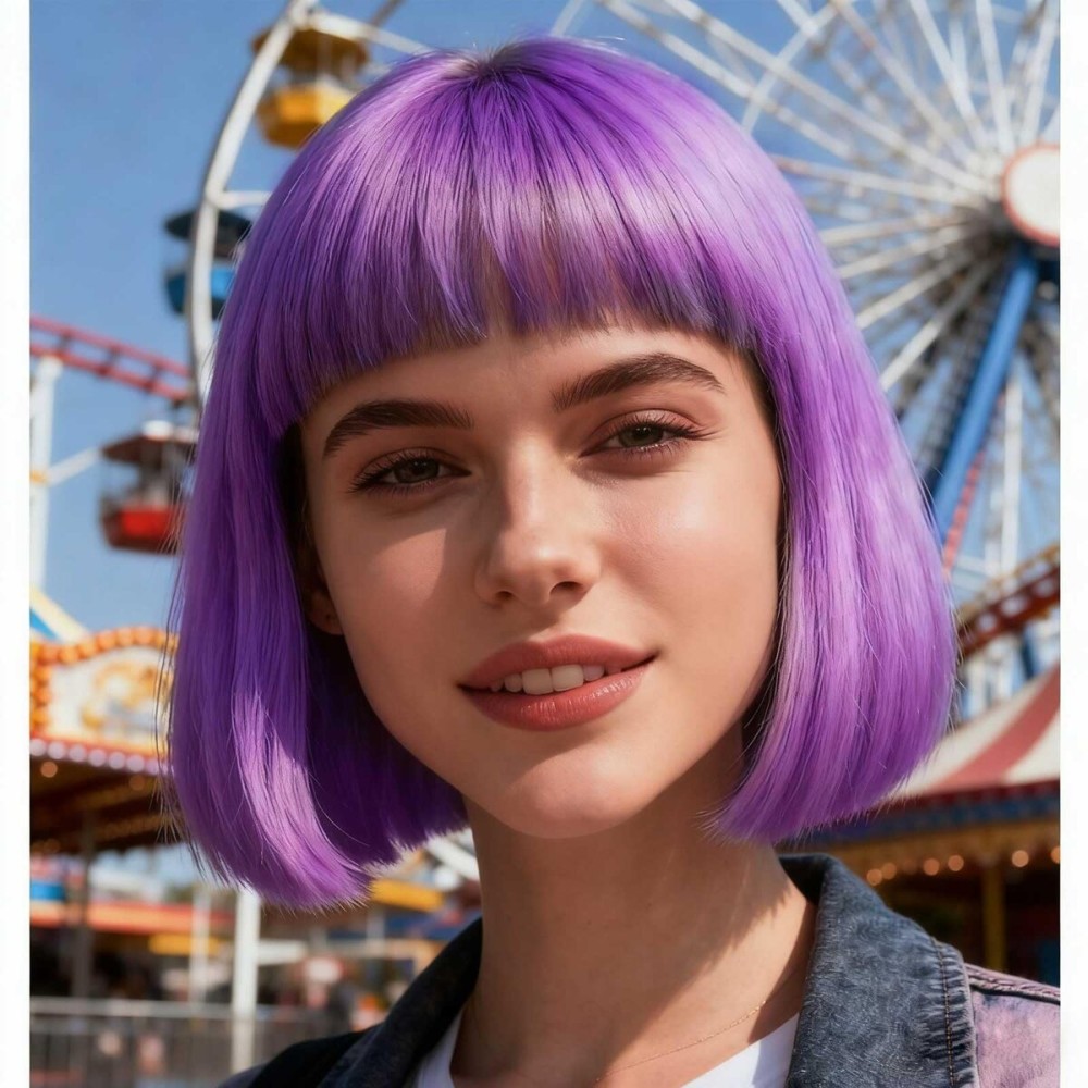 YOUNIGA Purple Bob Wig With Bangs 12 Inch Short Synthetic Fiber Bob Wigs for Women Short Bob Wigs and Halloween Cosplay Wig for Daily Life Colorful Wigs With One Cap (Purple)