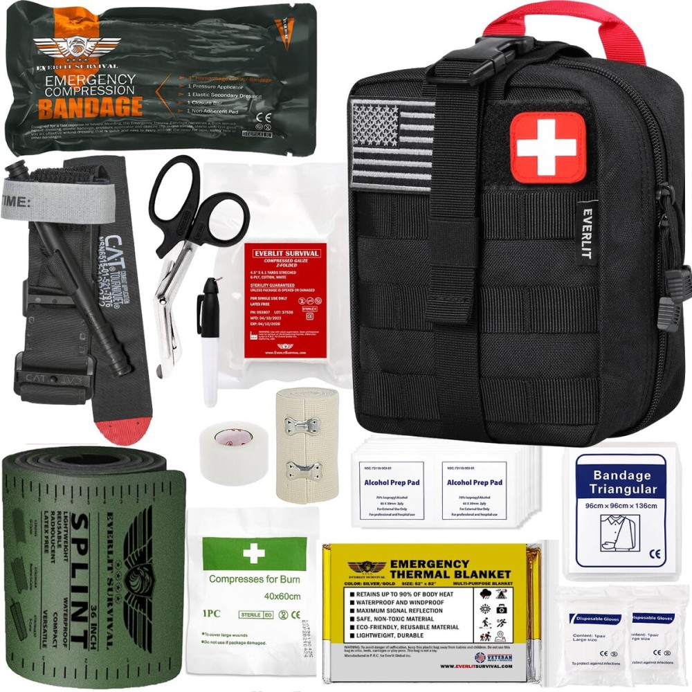 EVERLIT Emergency Trauma Kit, CAT GEN-7 Tourniquet 36 Splint, Military Combat Tactical IFAK for First Aid Response, Critical Wounds, Severe Bleeding Control (Black)