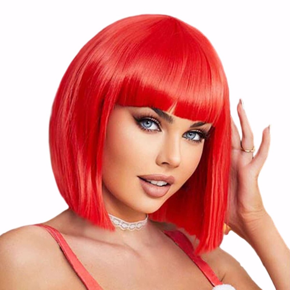 YOUNIGA Red Bob Wig With Bangs 12 Inch Short Synthetic Fiber Bob Wigs for Women Short Bob Wigs and Halloween Cosplay Wig for Daily Life Colorful Wigs With One Cap (Red)