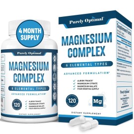 Purely Optimal Magnesium Complex - 6 Forms Magnesium Glycinate, Citrate & Malate - Sleep Support, Stress Relief, Muscles, Heart Health & Relaxation - Magnesium Supplement for Women & Men, 120 Caps