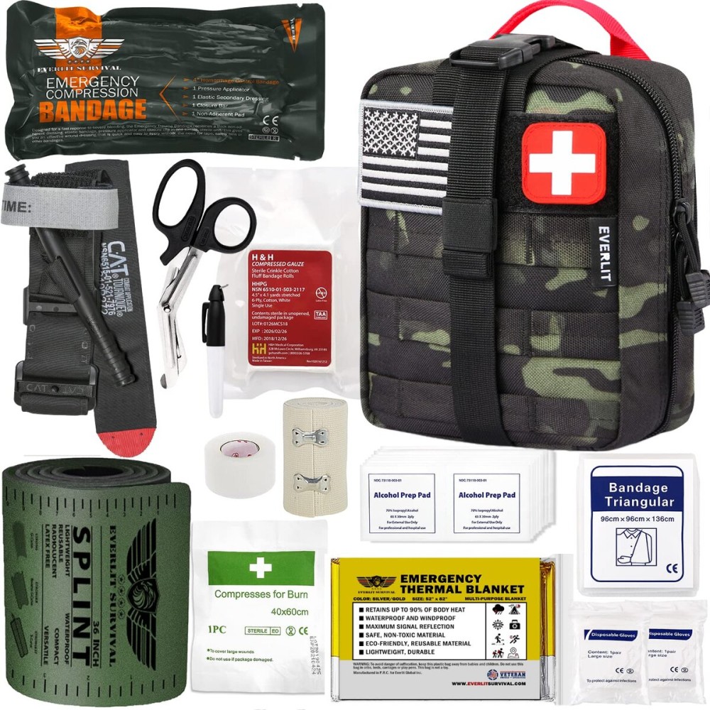 EVERLIT Emergency Trauma Kit, CAT GEN-7 Tourniquet 36 Splint, Military Combat Tactical IFAK for First Aid Response, Critical Wounds, Severe Bleeding Control (Black Camo)