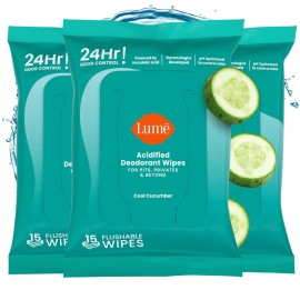 Lume Acidified Deodorant Wipes - 24 Hour Odor Control - Aluminum Free, Baking Soda Free, Skin Loving - 15 Count (Pack of 3) (Cool Cucumber)