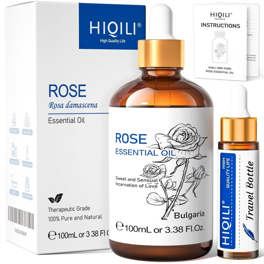 HIQILI 100ML Rose Essential Oil for Skin, Diffuser & Candle, 100% Pure and Natural - 3.38 Fl Oz