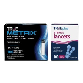 TRUE METRIX Self Monitoring Blood Glucose Test Strips and TRUEplus 30g Lancets Bundle, TRUE METRIX Family of Self Monitoring Blood Glucose Meters, 100 Count Strips, 100 Count Lancets