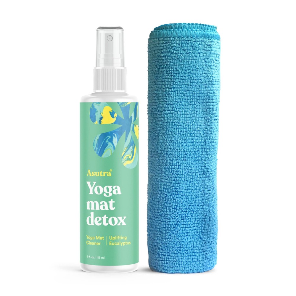 ASUTRA Yoga Mat Cleaner Spray (Uplifting Eucalyptus), 4 fl oz - No Slippery Residue, Organic Essential Oils, Deep-Cleansing for Fitness Gear & Gym Equipment, Microfiber Towel Included