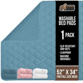 GORILLA GRIP Washable Underpads, Waterproof Reusable Heavy Absorbency Incontinence Bed Pads, Leak Proof Toddler Mattress Pad, 52x34 Slip Resistant Protector for Bedwetting, Adults and Kids, Blue