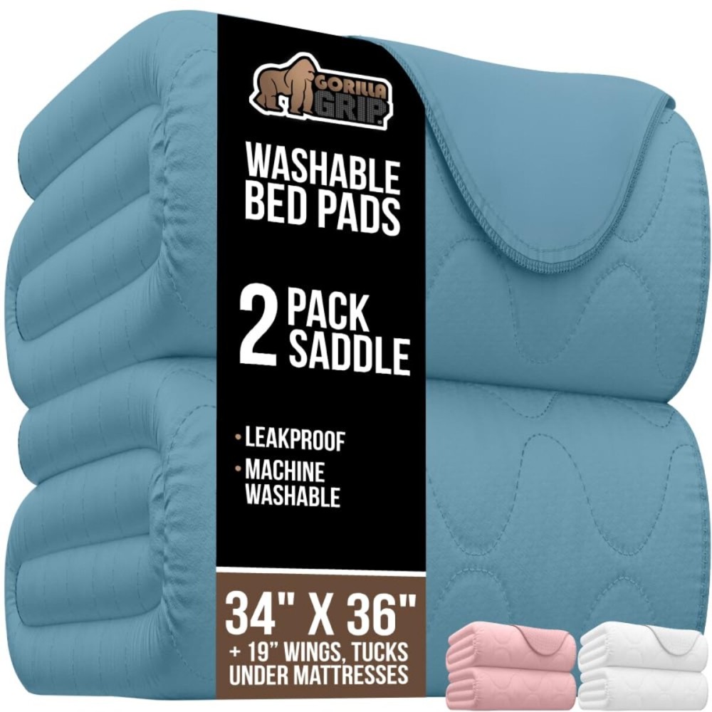 GORILLA GRIP Washable Toddler Mattress Incontinence Pads, Waterproof Bed Underpads, Absorbent Leak Proof, 34x36+19in Wings, 2 Pack Slip Resistant Pad Absorbs 8 Cups for Bedwetting Adults Kids, Blue