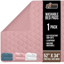 GORILLA GRIP Washable Underpads, Waterproof Reusable Heavy Absorbency Incontinence Bed Pads, Leak Proof Toddler Mattress Pad, 52x34 Slip Resistant Protector for Bedwetting, Adults and Kids, Pink