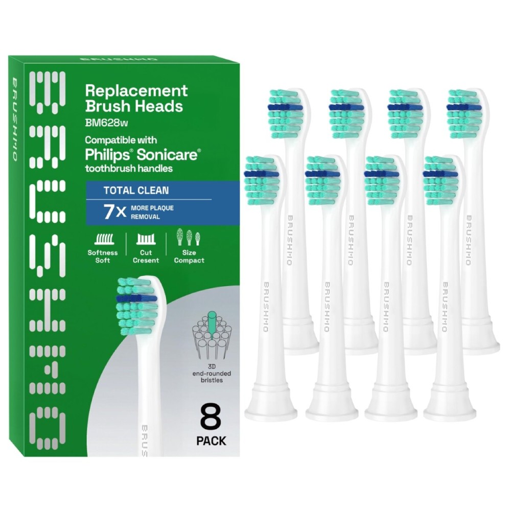 Brushmo Total Clean Replacement Toothbrush Heads, Compatible with Philips Sonicare Click-on Electric Toothbrush Handles, 8 Compact Heads for Hard-to-Reach Areas, Soft Dupont Bristles, BM628, White