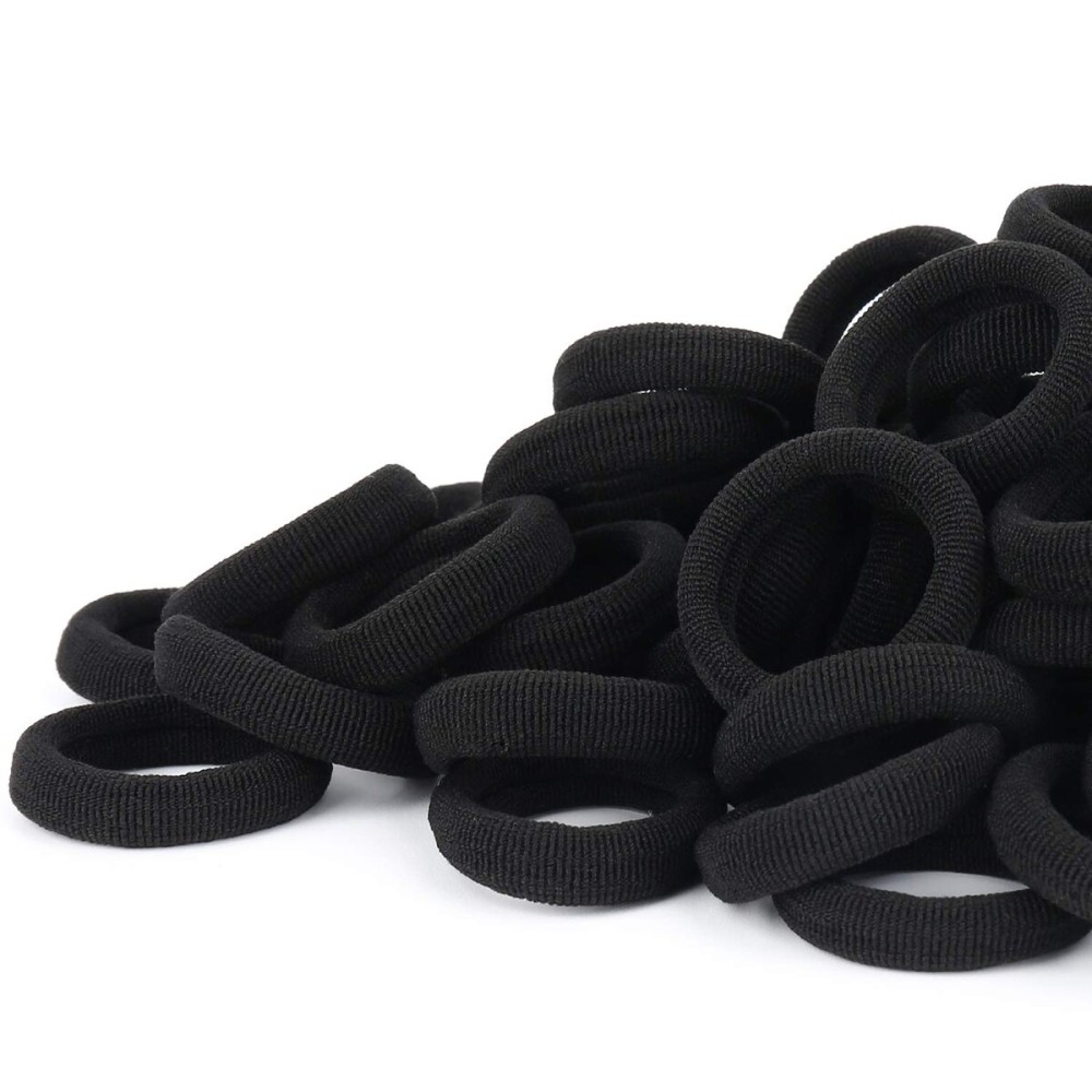 Black Seamless Hair Ties - Cotton Hair Bands - Tiny Elastics Ponytail Holders for Toddlers, 1 Inch in Diameter, Black, by Nspring