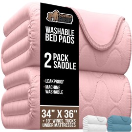 GORILLA GRIP Washable Toddler Mattress Incontinence Pads, Waterproof Bed Underpads, Absorbent Leak Proof, 34x36+19in Wings, 2 Pack Slip Resistant Pad Absorbs 8 Cups for Bedwetting Adults Kids, Pink