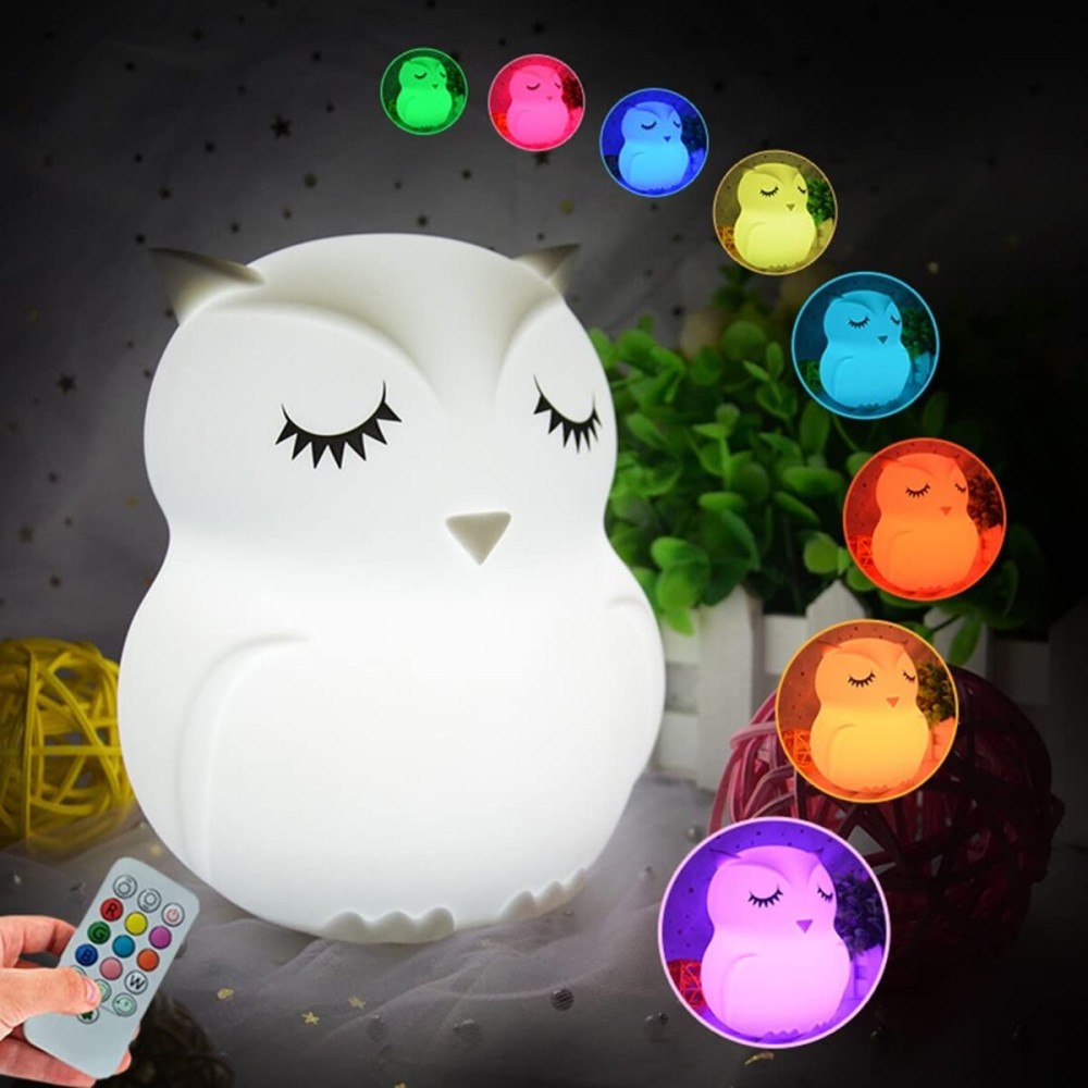 Glinrui Owl Night Light Baby Bedside Lamp Child, Silicone Nursery Lamp for Breastfeeding Bedroom Mood Lights, Eye Caring, Adjustable Brightness & Color, Time Setting, Holiday Gifts - Medium
