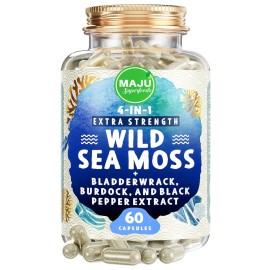 MAJU 4-in-1 Organic Sea Moss Capsules, Wild Chondrus Crispus, Seamoss w/Bladderwrack + Burdock Root, Stronger Than Gel, Irish, Sebi Inspired Raw Powder in Pills, 500 mg Capsule (60 ct)