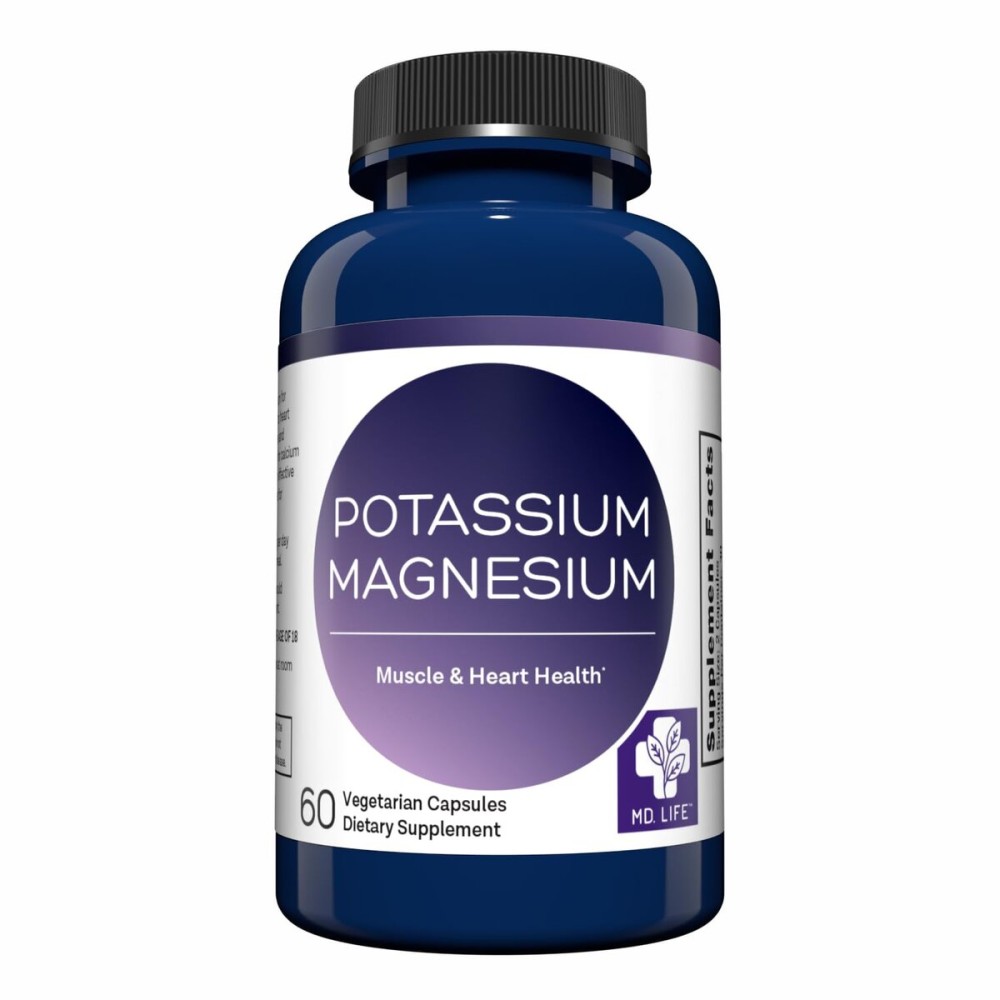MD. Life Potassium Magnesium Supplement - 60 Capsules - High Absorption Magnesium Complex - Potassium Supplement to Support Vascular Health & Leg Cramp