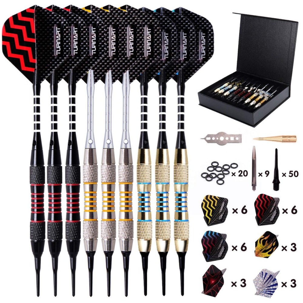 Turnart Darts Plastic Tip - Professional Soft Tip Darts Set for Electronic Dartboard 9 Pcs 18 Grams with 50 Extra Tips 9 Shafts 27 Flights Tool Kit Flight Protectors and Gift Darts Case (Gold)